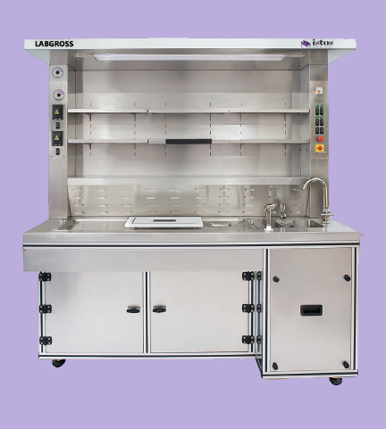 Close-up of grossing station with sink, lighting and exhaust